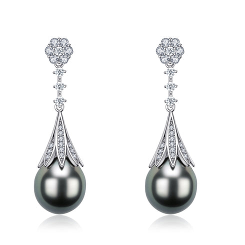 10-11mm Waterdrop Tahitian Pearl & CZ Daisy  Earrings